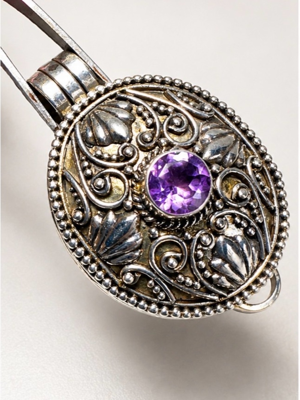 Vintage Sterling Silver 925 Pendant  Locket Filigree Necklace Amethyst Center
